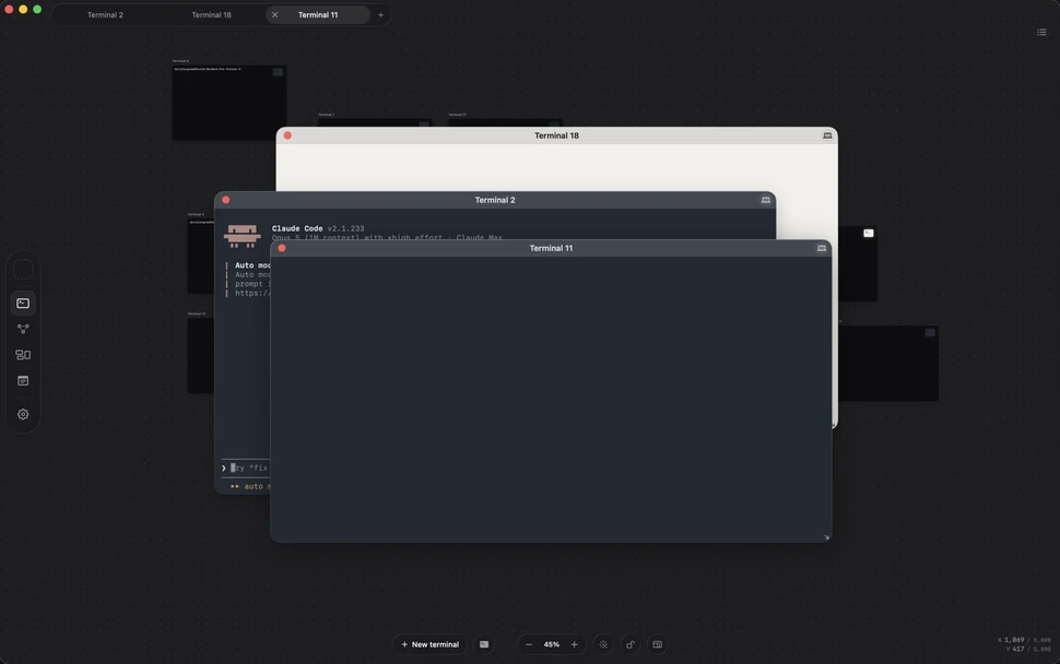 Three terminal windows open over a canvas of terminal cards in Outward