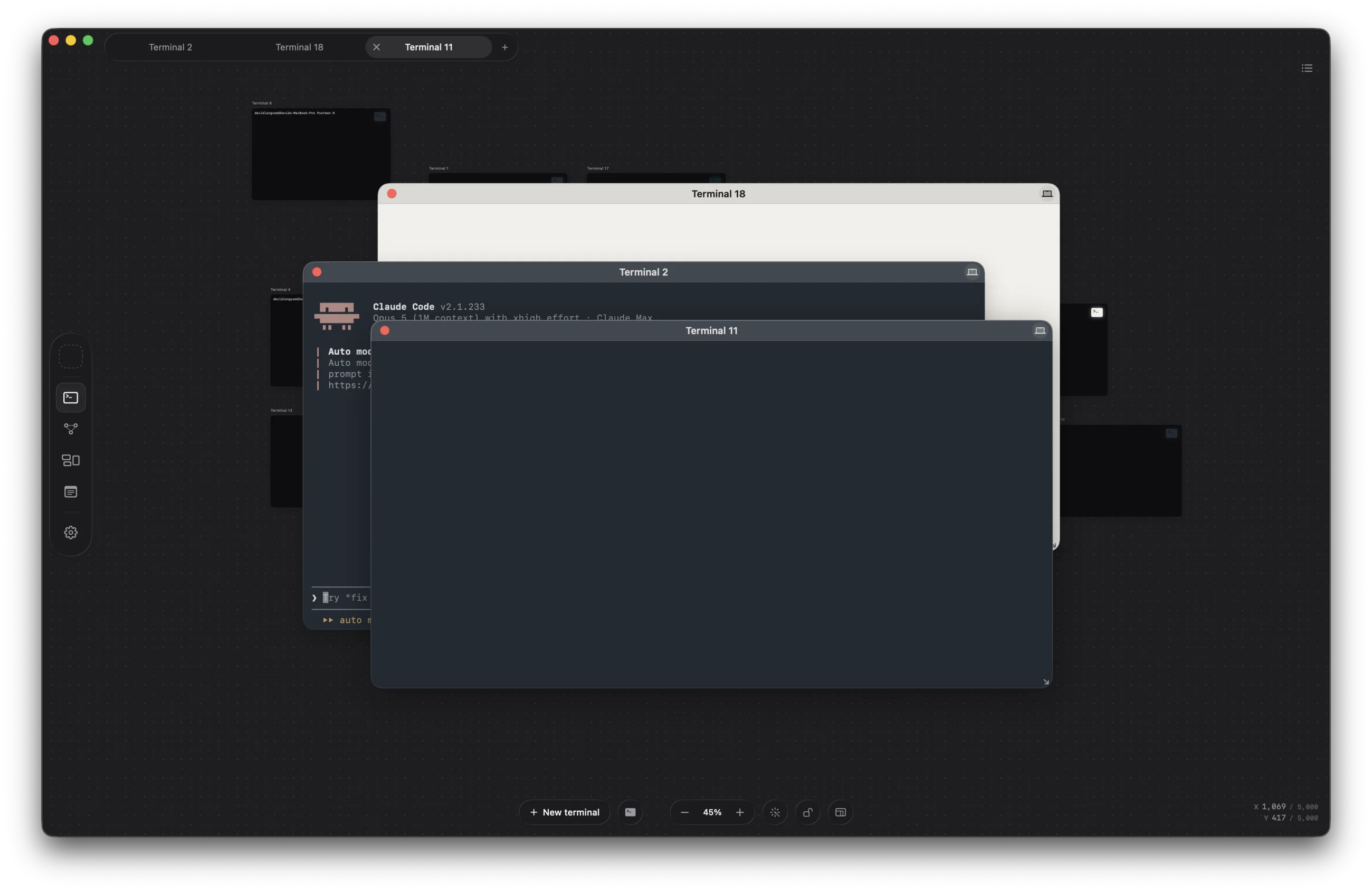 An Outward project canvas with three terminal windows open over a grid of terminal cards