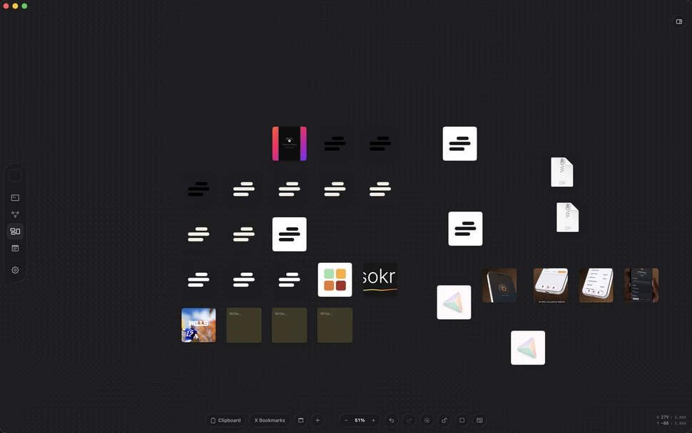 Screenshots, documents, archives and sticky notes spread across the Assets canvas