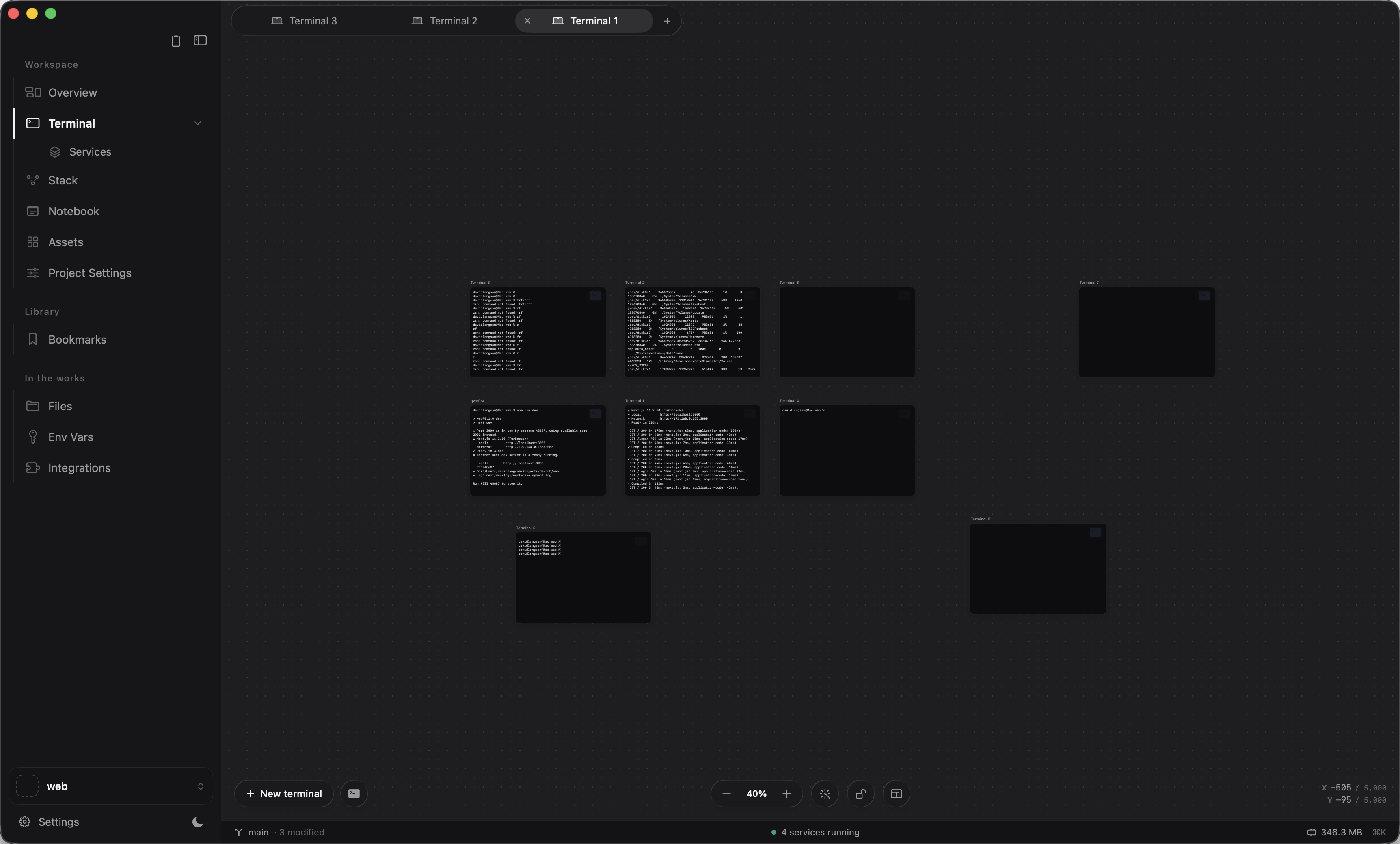 Outward workspace showing terminals arranged across a project canvas